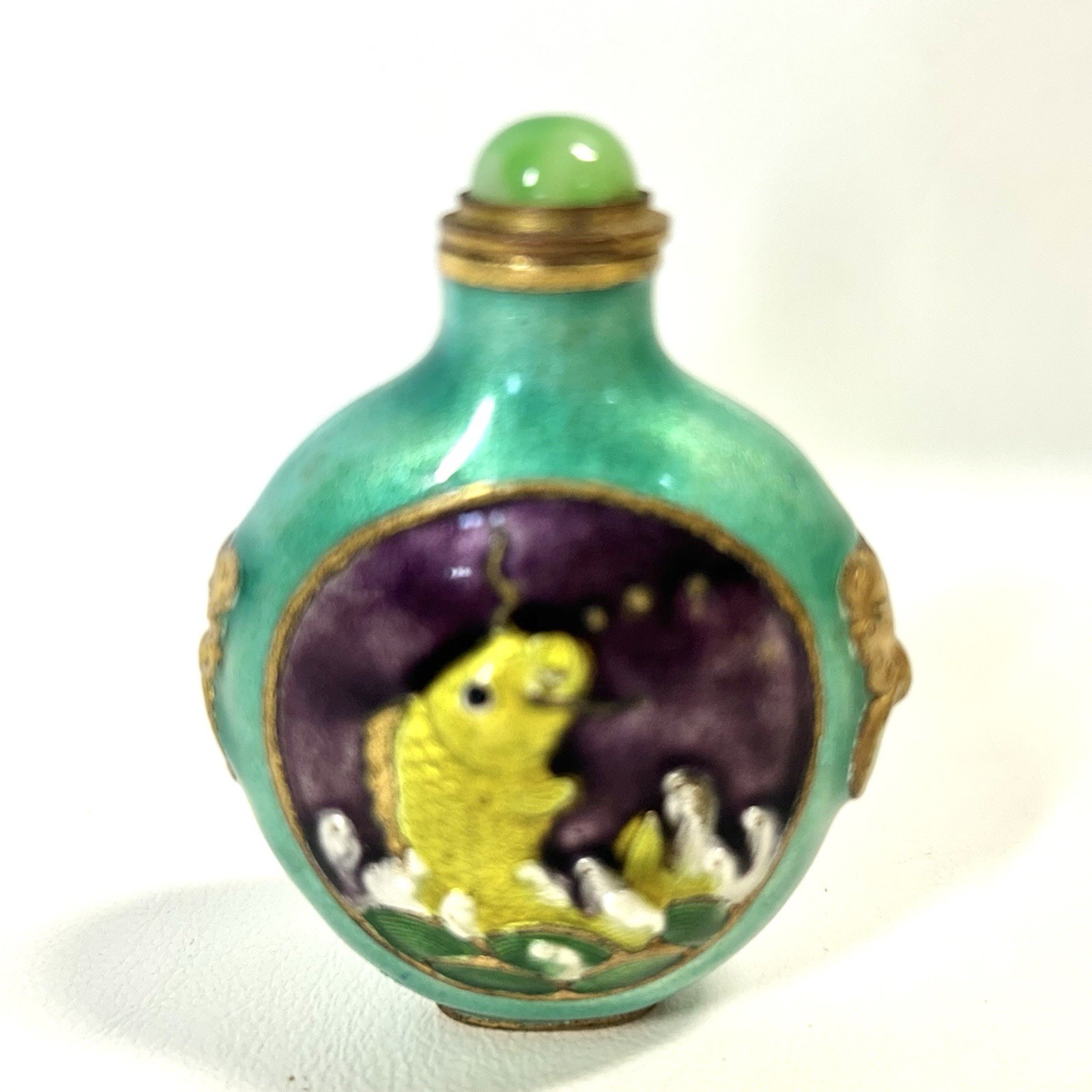 Vtg Asian Enamel Gold Overlay Koi Fish Bottle w Jade Cap Top w Spoon Scent