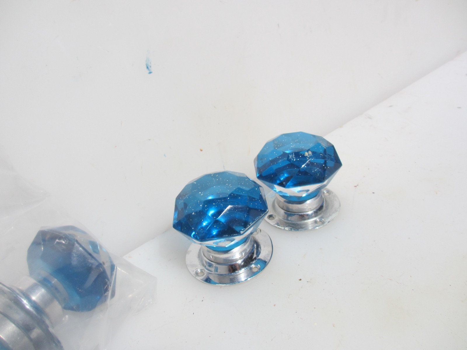 Vintage Door Knobs Handles Cut Glass Crystal Chromed Plates Old Antique Blue