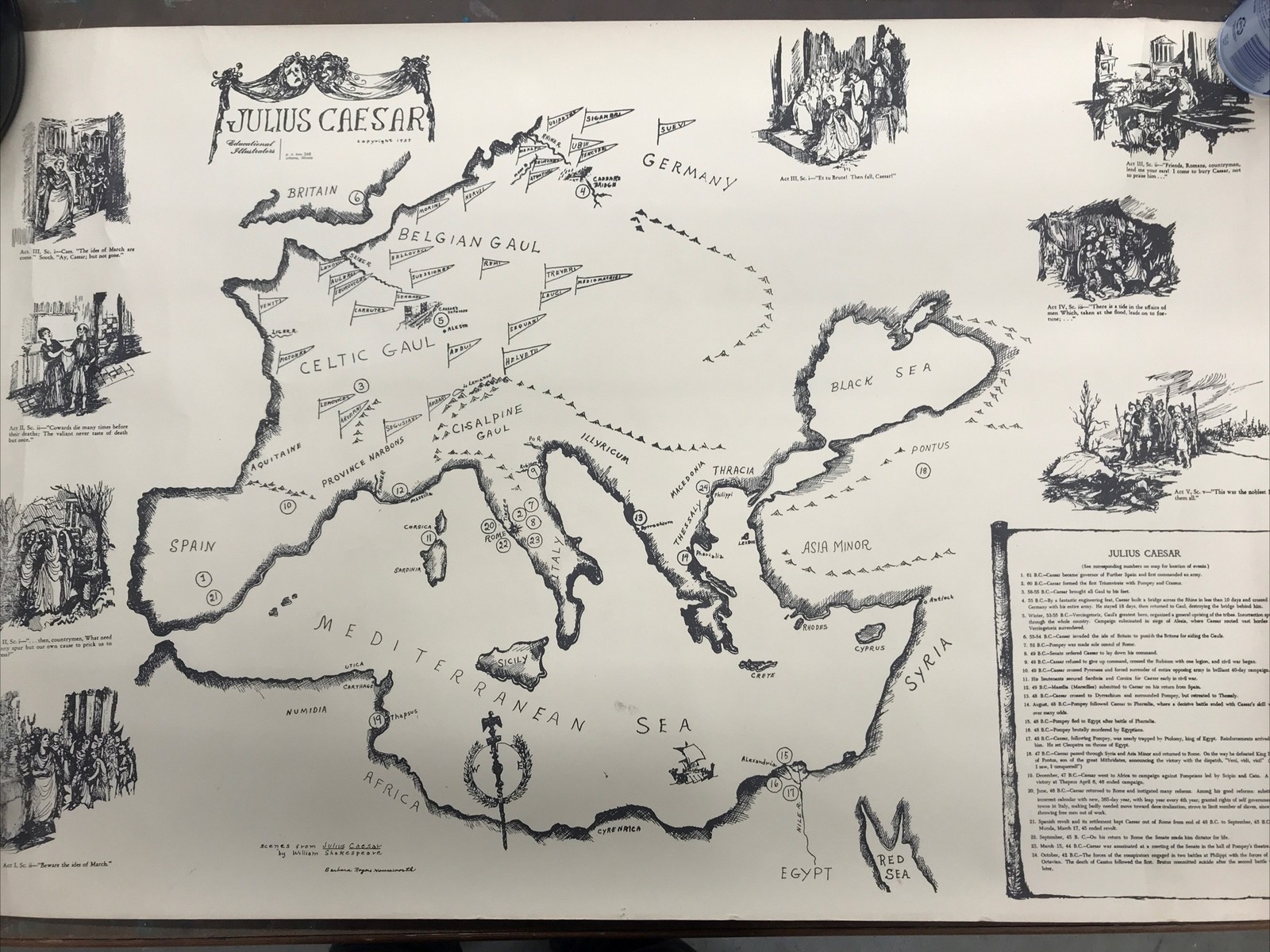 Antique Map-Scenes Of JULIUS CAESAR-Educational Illustrators Barbara Houseworth