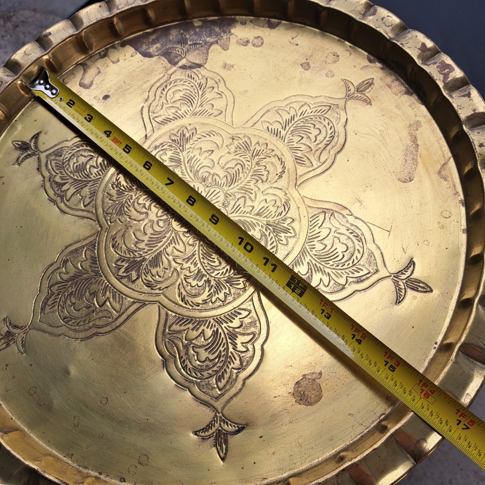 Middle Eastern Brass Copper Tray in Moroccan Moorish Style with Repousse Decor