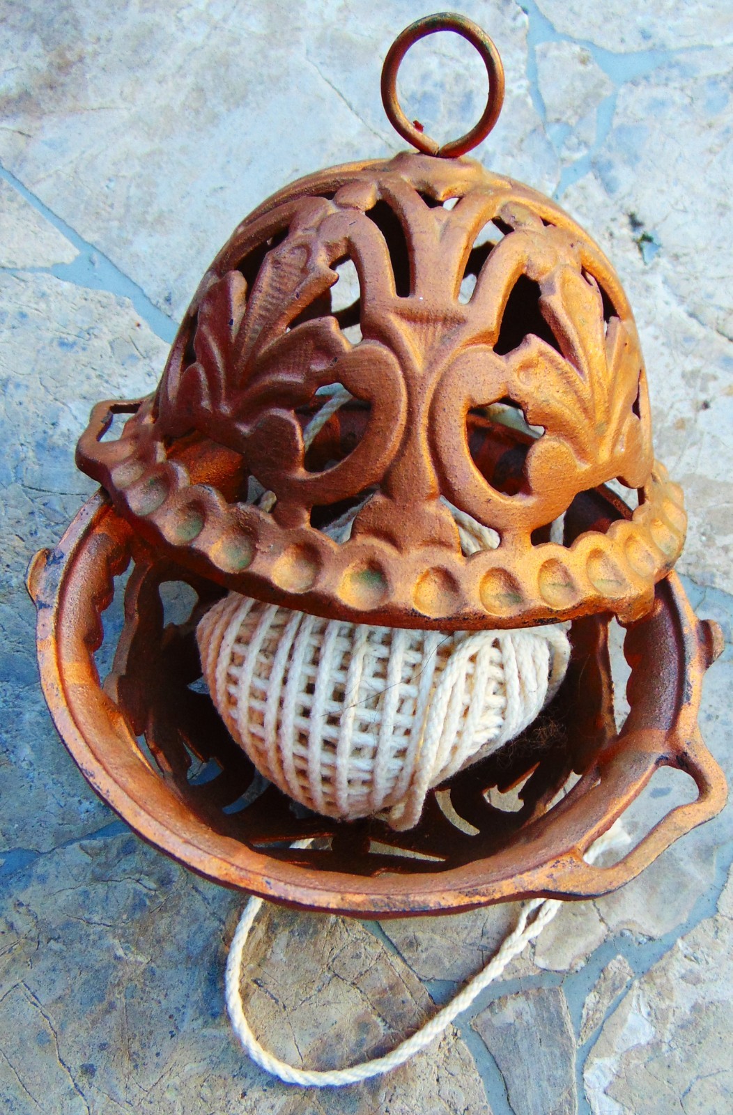 ANTIQUE RARE CAST IRON ORNATE HANGING BALL STRING HOLDER DISPENSER~ 12 1/2″ HIGH