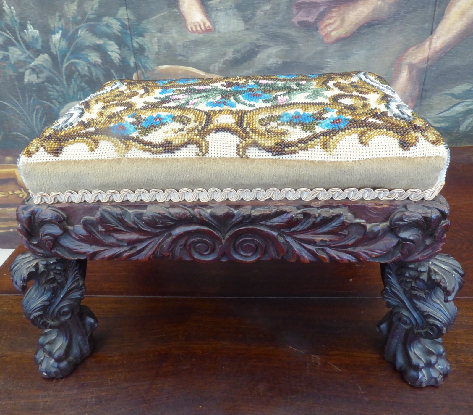 BEADWORK STOOL STITCHED BY VICTORIAN GENTLEWOMAN 1860 FREE SHIPPING ENGLAND