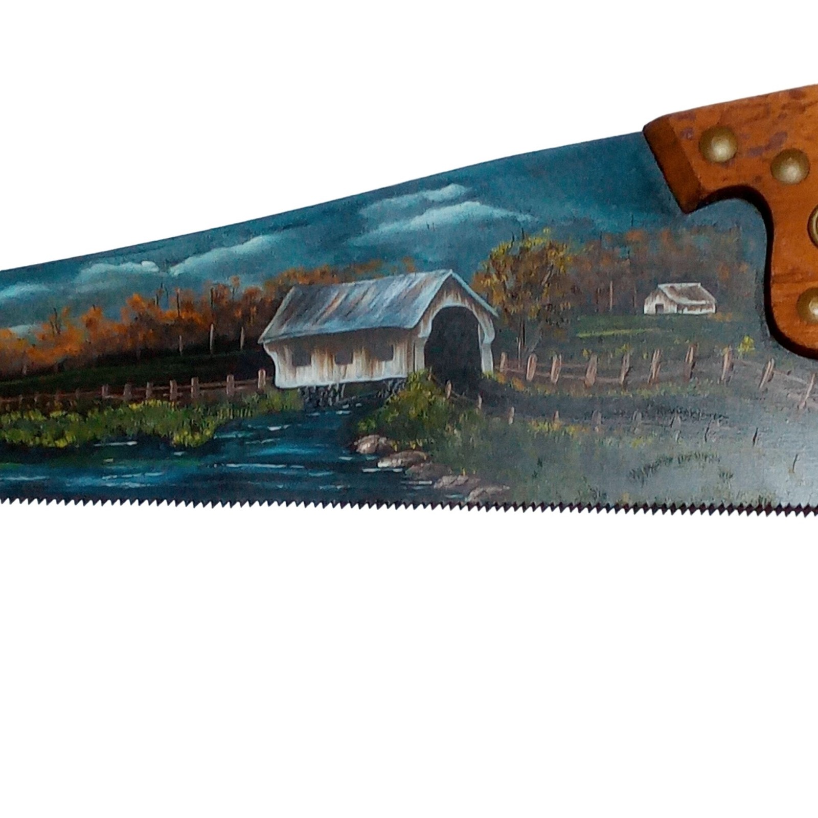 Covered Bridge Painting Rustic Saw Country Cottagecore landscape Folk Art Signed