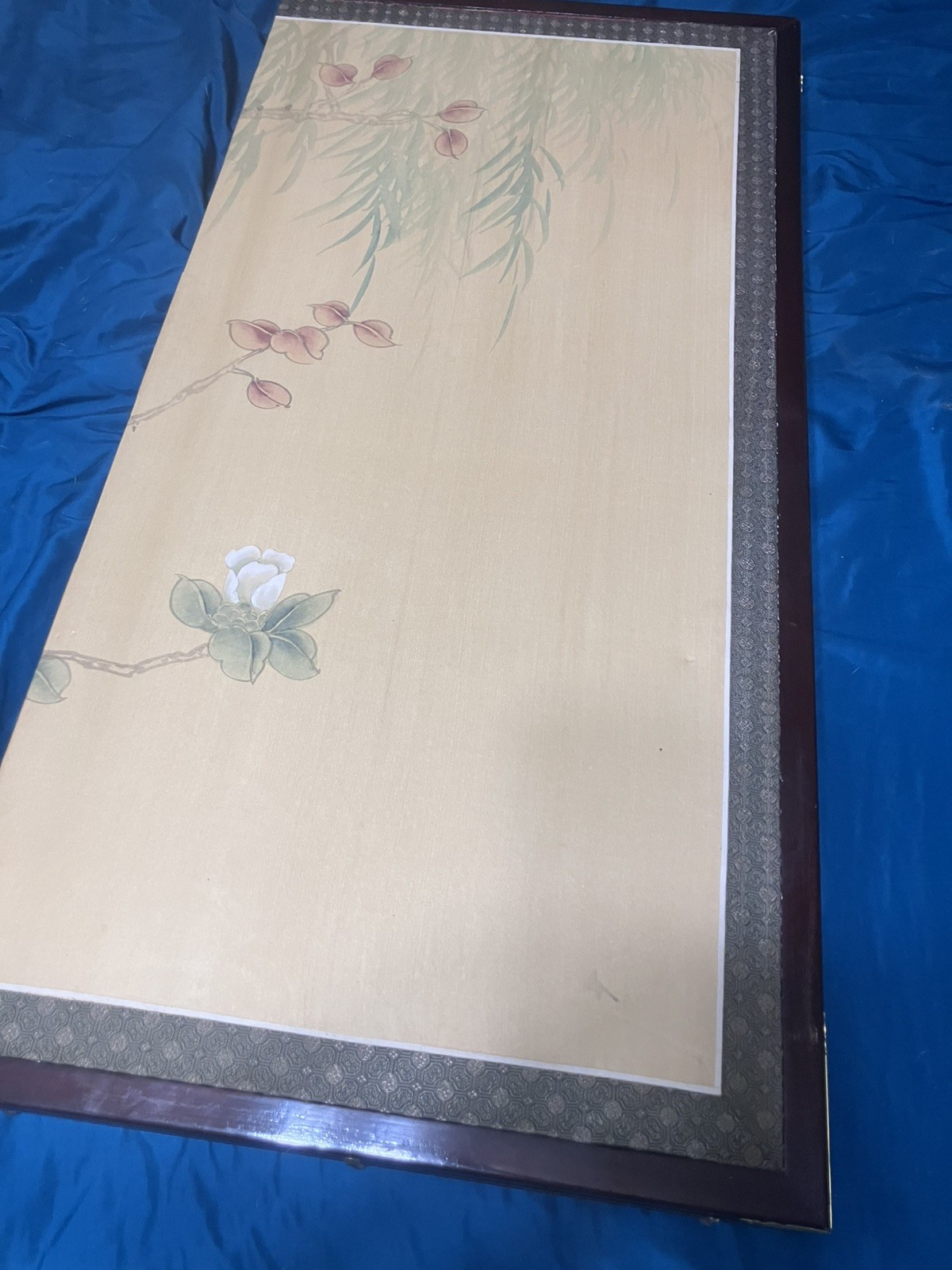 Chinese Byobu “Blue Birds, White Flowers, Red Leaves” 4-Panel Folding Screen