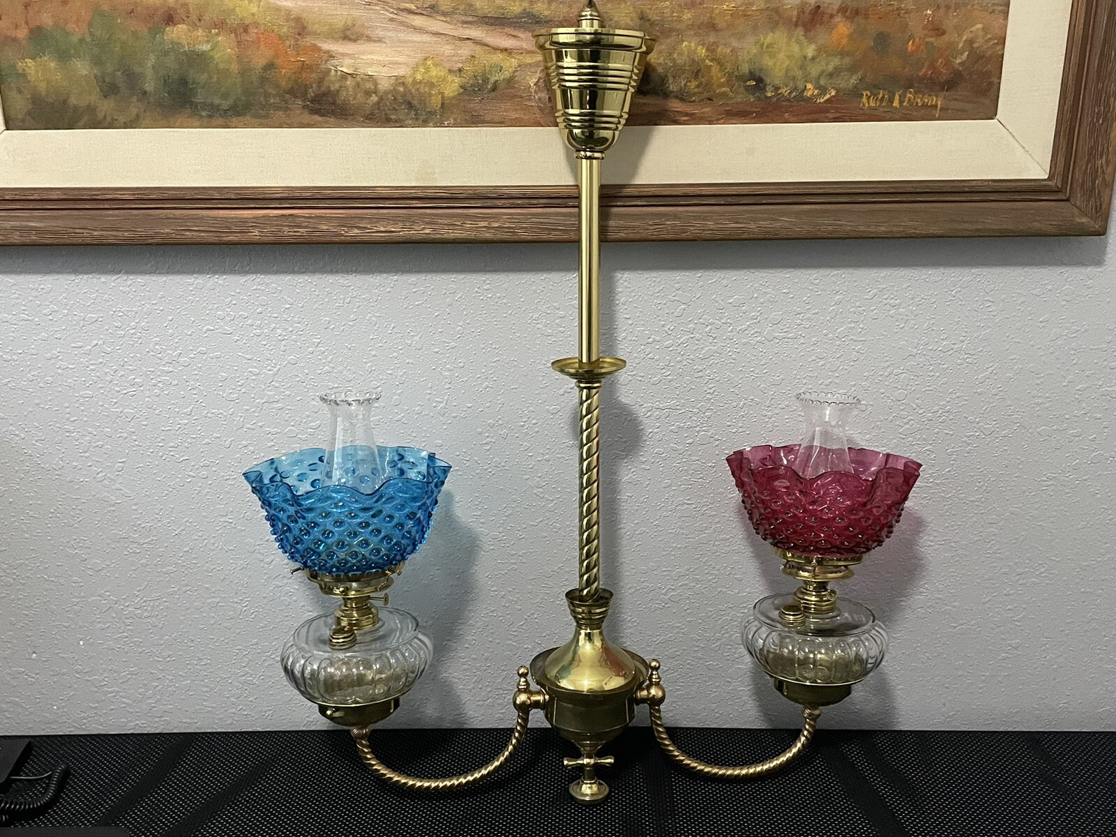 Vintage/Antique 2-light Hanging Oil Lamp Chandelier. Brass With Hobnail Shades