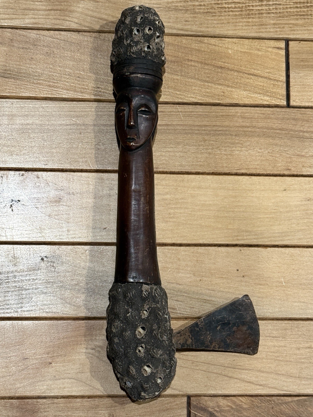 Antique Congo Songye/Kuba Ceremonial Axe Copper Inlay Cowrie Shells c. 1900￼￼