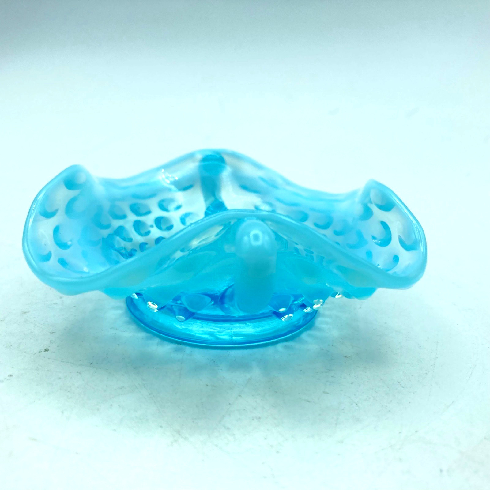 Fenton Blue Opalescent Double Handled Bowl Hobnail Trinket Bon Bon Dish 4 3/4″ W
