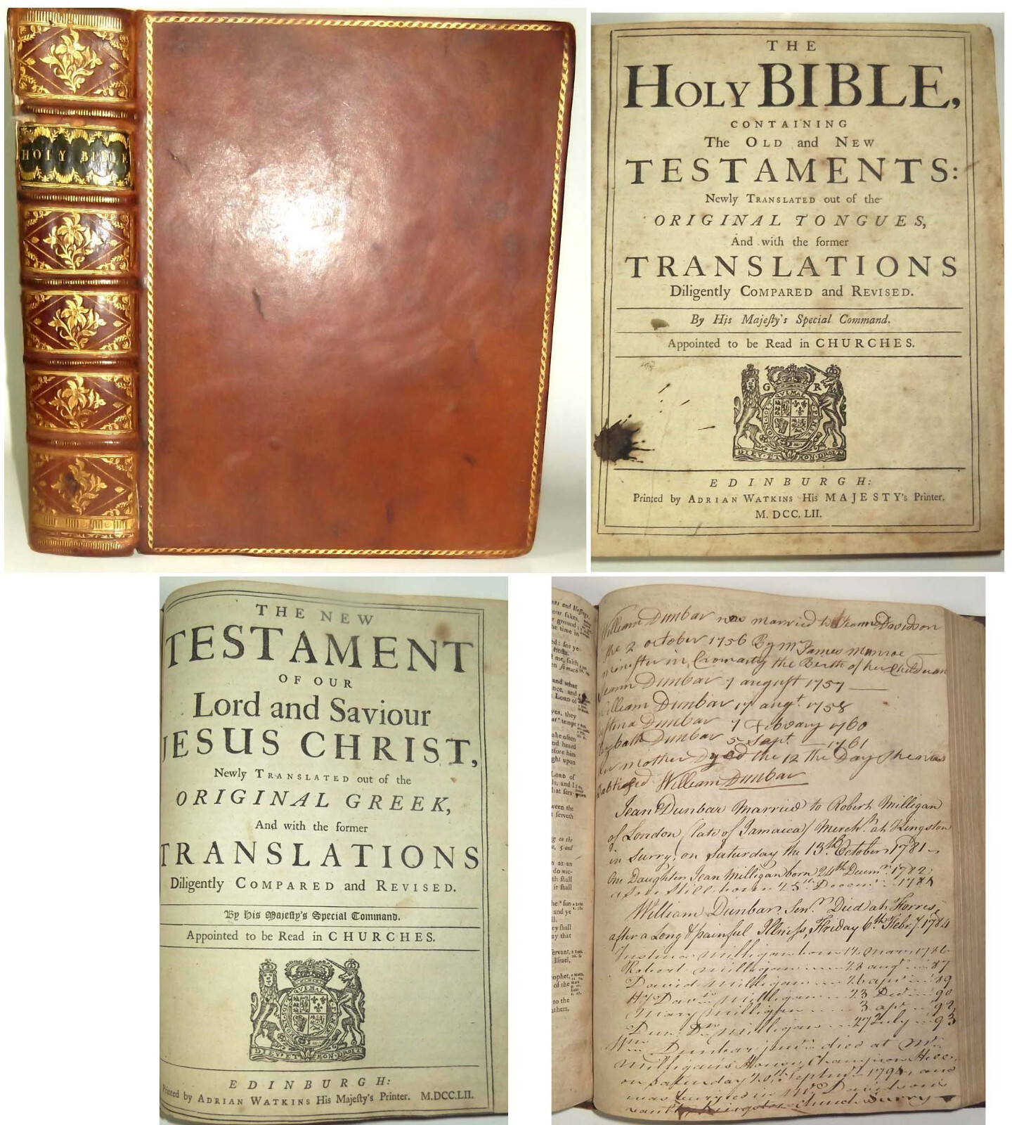 1752 CLAN DUNBAR SCOTTISH KING JAMES HOLY BIBLE WITH FAMILY GENEALOGY Scotland