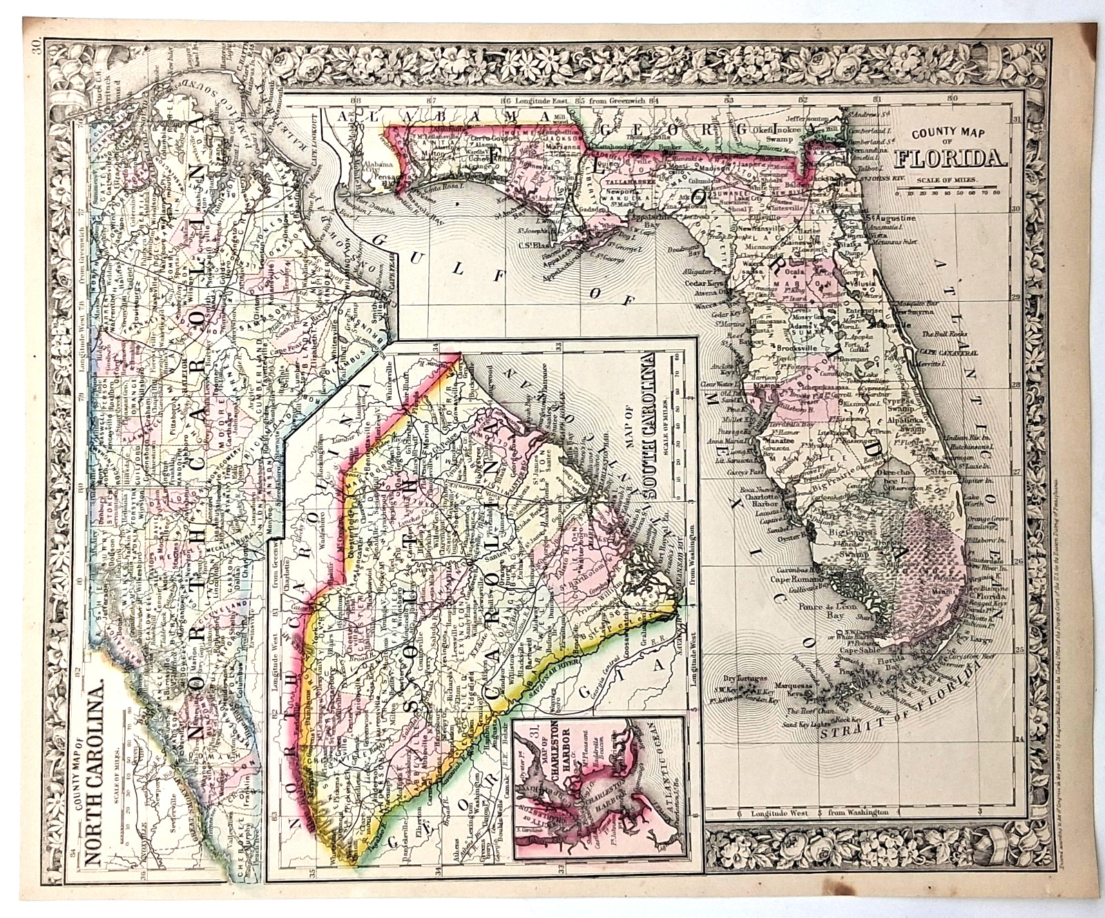 FLORIDA + NORTH & SOUTH CAROLINA– antique 1860 map