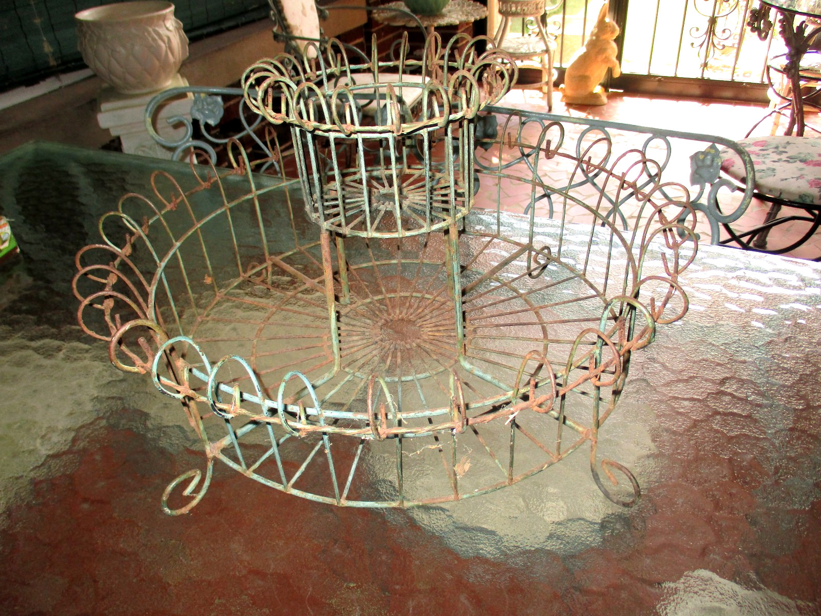 Antique French Wire Two Tier Table Top Basket Planter