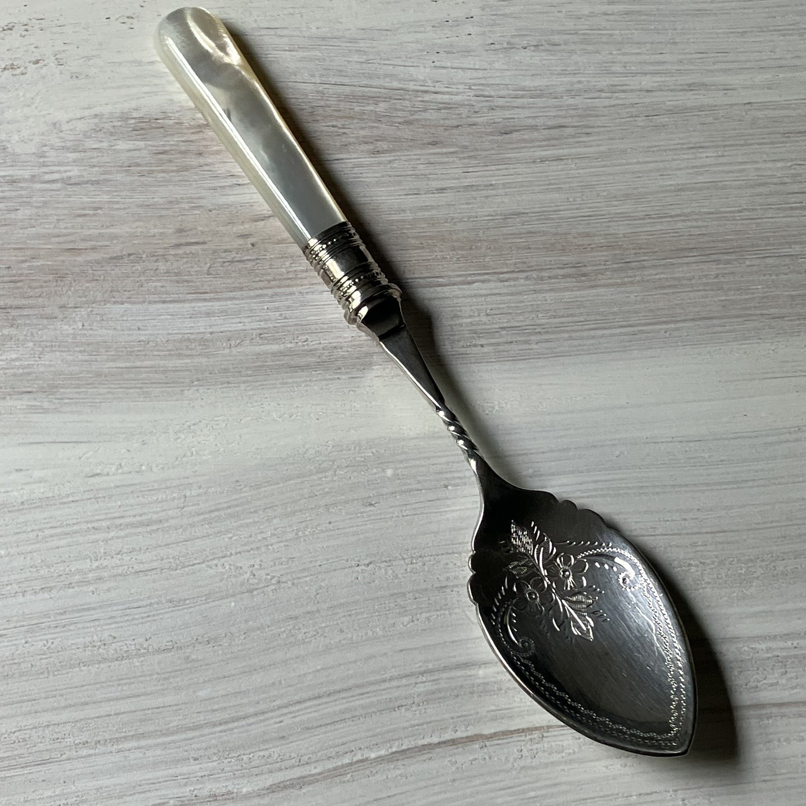 Antique England Jam Dessert Spoon Mother of Pearl Handle Silver Plate Floral