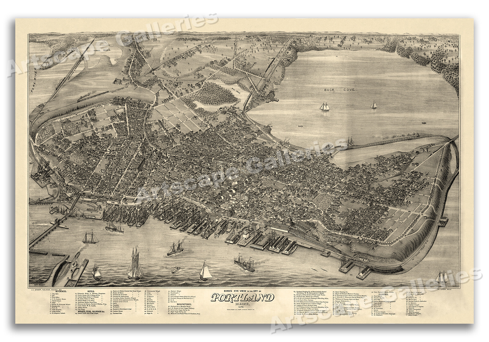 Bird’s Eye View 1876 Portland Maine Vintage Style City Map – 16×24