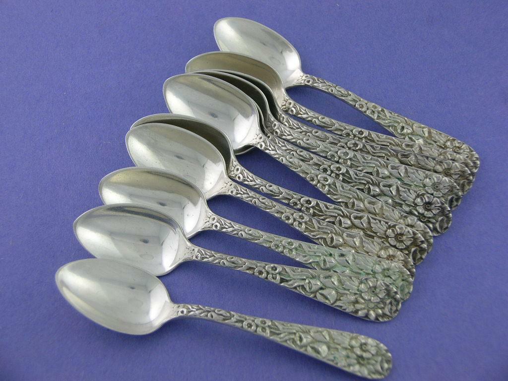 Early Coin Silver S KIRK & SON 4″ Demitasse Spoon REPOUSSE 10.15 mark ~ $32 each