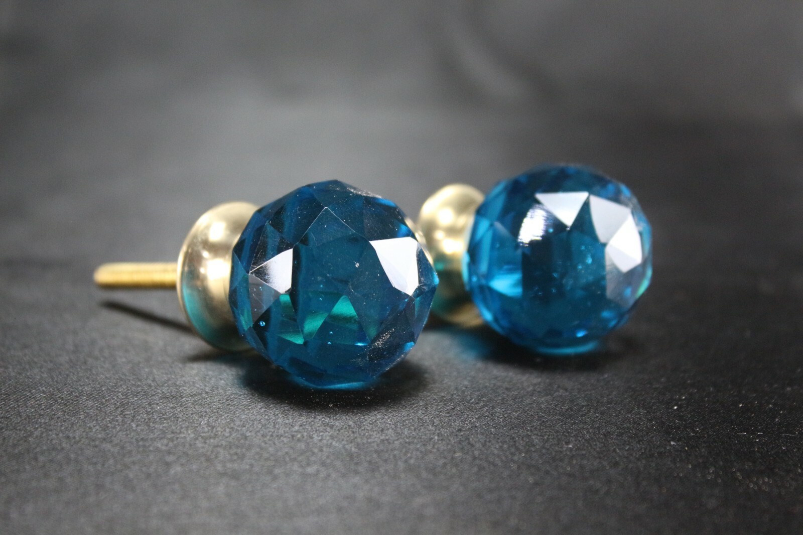 Sky Blue Diamond Cut Glass Door Knobs | Brass Base, Vintage Set of 2, Home Decor