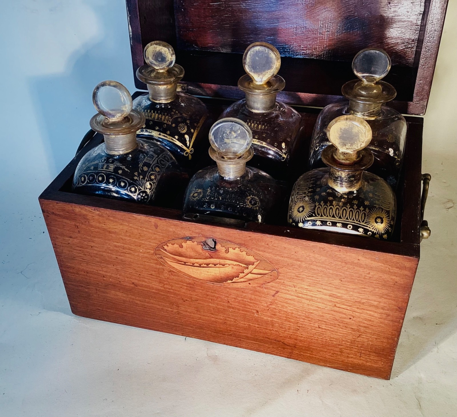 Georgian Inlaid Six Bottle Decanter Case or Box. Shell Inlays. Genuine.