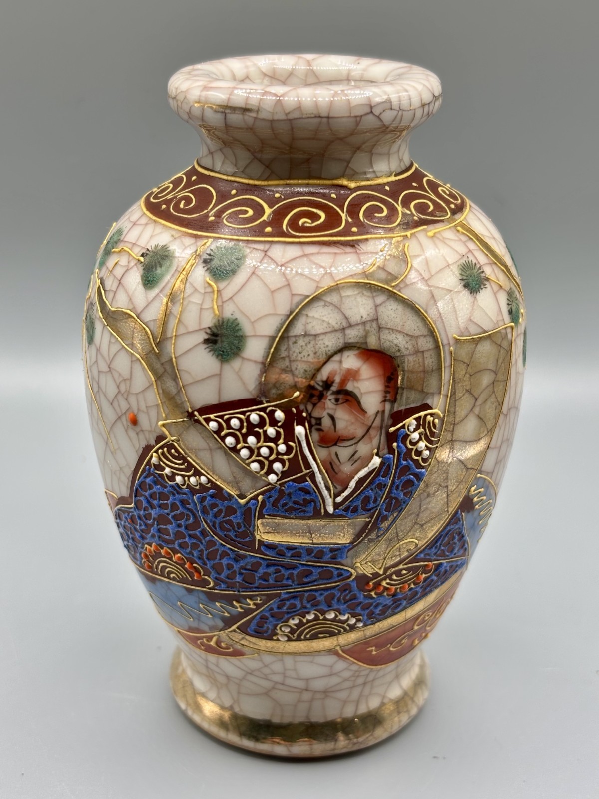 Authentic Small Japanese Satsuma Porcelain Vase Signed High Relief Porcelain