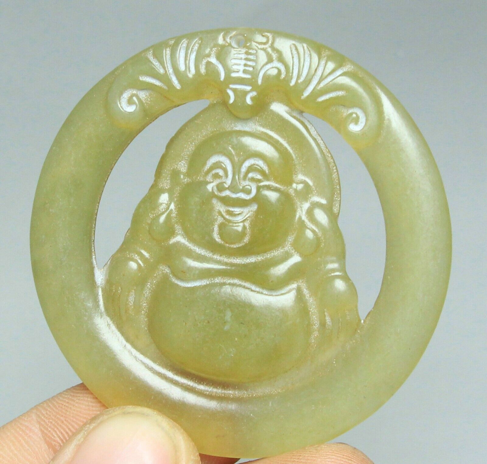 1.9” Old Green Jade Happy Laugh Maitreya Buddha Bat Animal Amulet Pendant