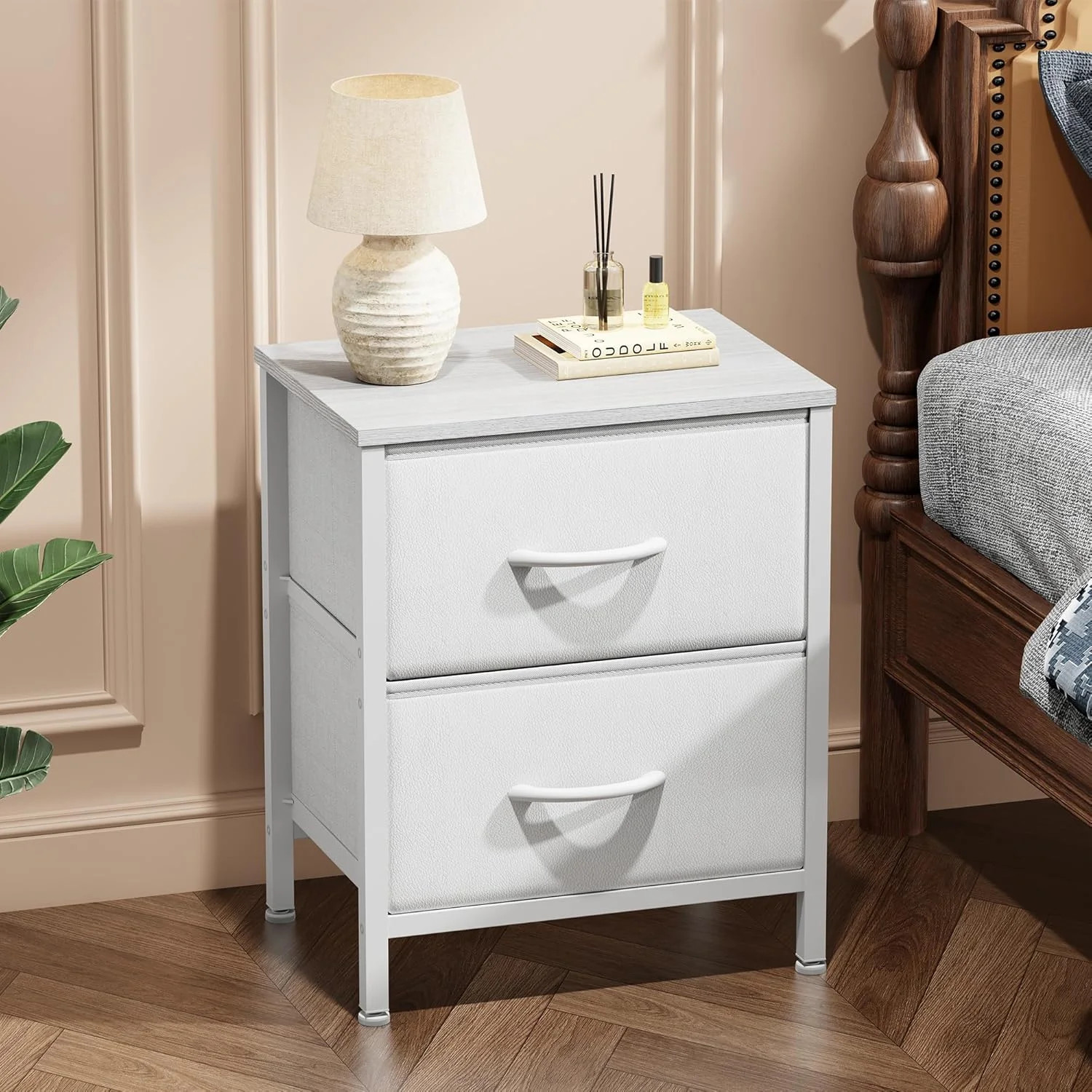 Nightstand with 2 Drawers Small Bed Side End Table Fabric Dresser Bedroom White