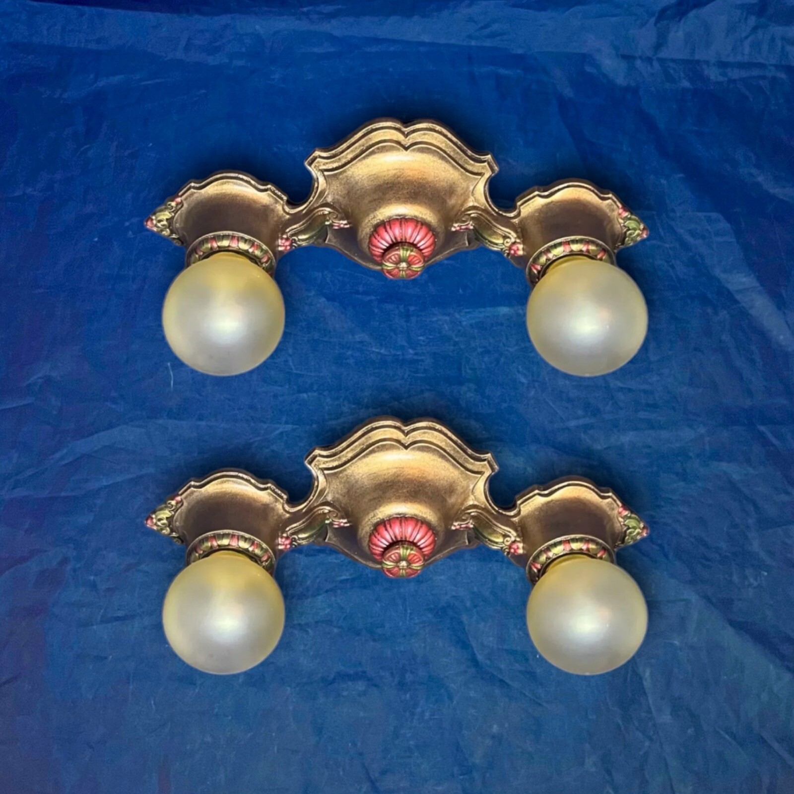 Pair Two Socket Antique Flush Fixtures Nice Finish Rewired 31J