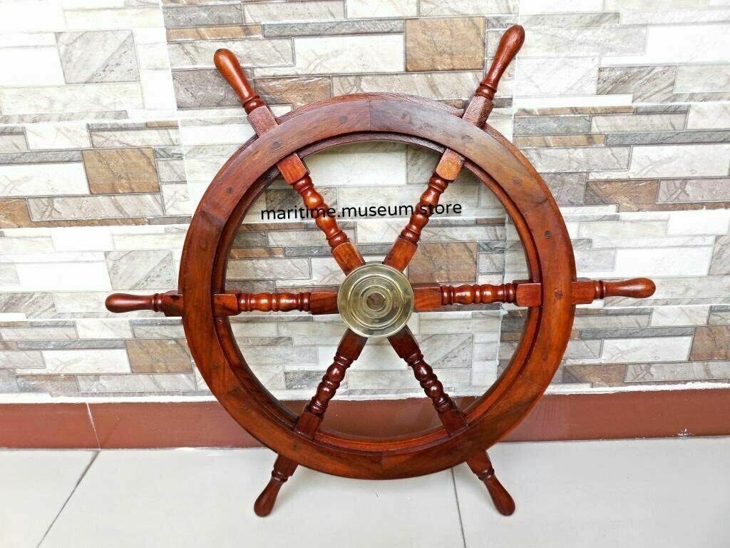 Steering Wheel Pirate Décor Wood Fishing Wall Boat 24″Brass Wooden Nautical Ship