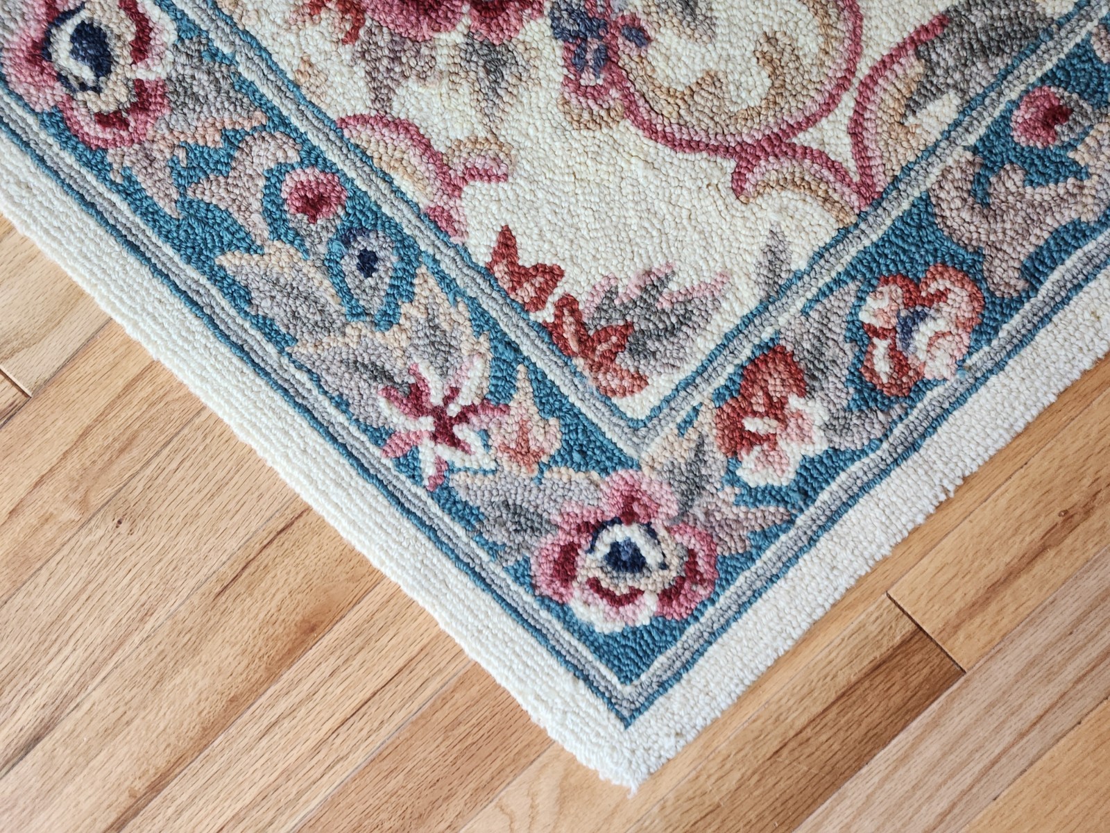 Vintage Hand Looped / Hooked Rug 48 X 30 Inch Wool Floral Victorian / Farmhouse