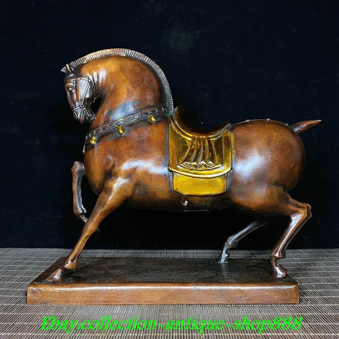 9.4″ Old Chinese Dynasty Bronze Gilt Feng Shui 12 Zodiac Horse Animal Statue