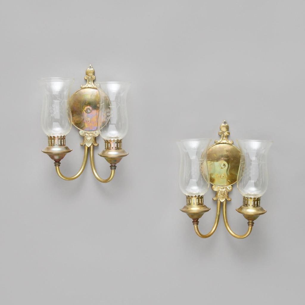 Pair Patinated Brass Etched Grape Glass Hurricane Two Armed Sconces 12.25″h