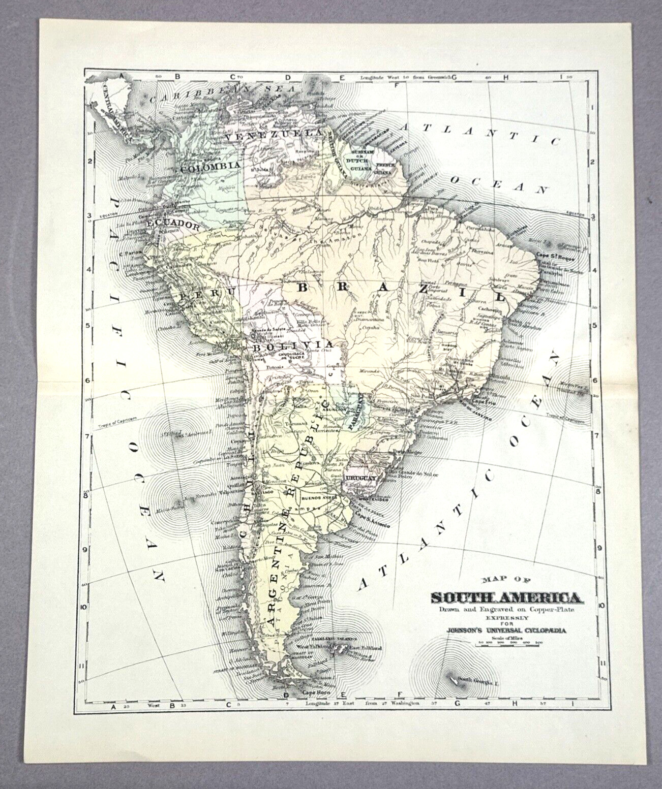 Antique Illustration Color Map of South America Encyclopedia 1901