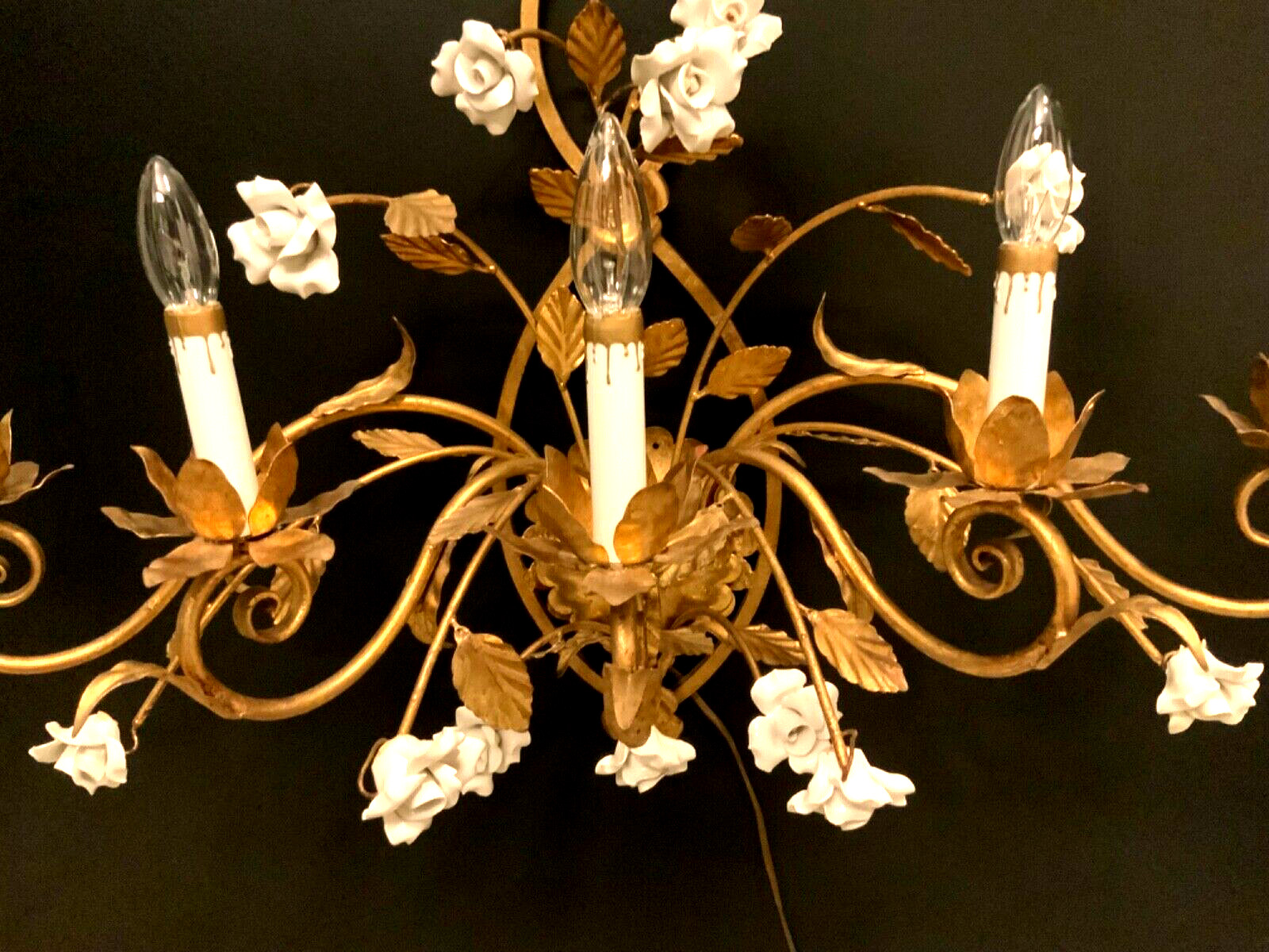 VTG ITALIAN Gold Gilt White PORCELAIN Roses Wall 5 Light SCONCE Stunning Quality