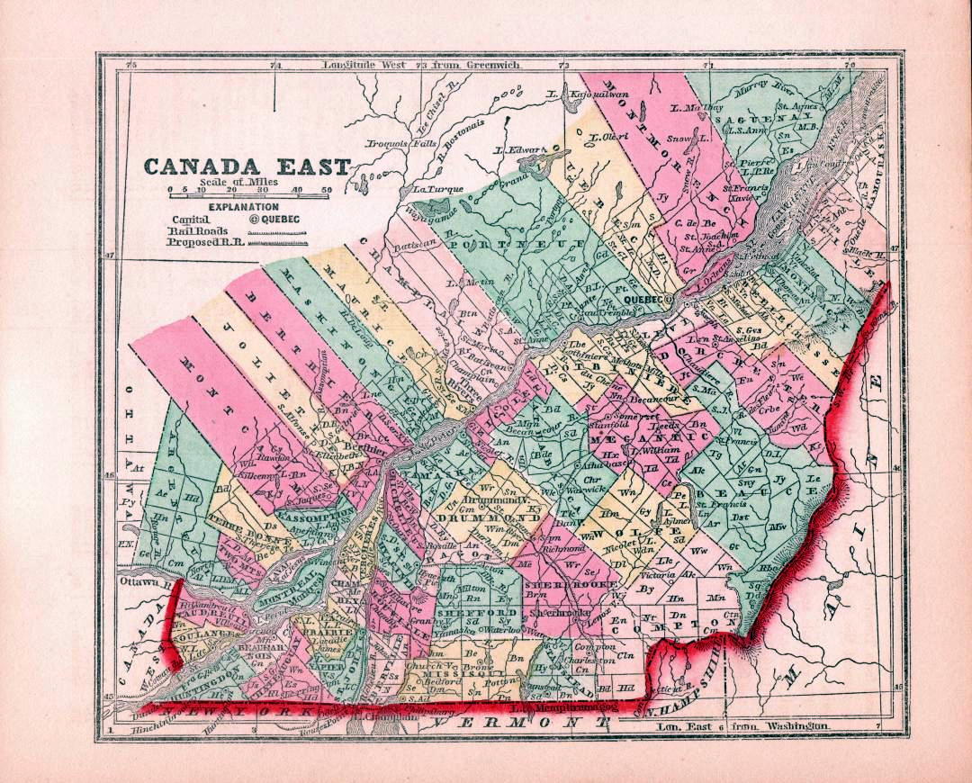 1855 RARE BEAUTIFUL ANTIQUE DIAMOND ATLAS MAP OF CANADA WEST-HANDCOLORED
