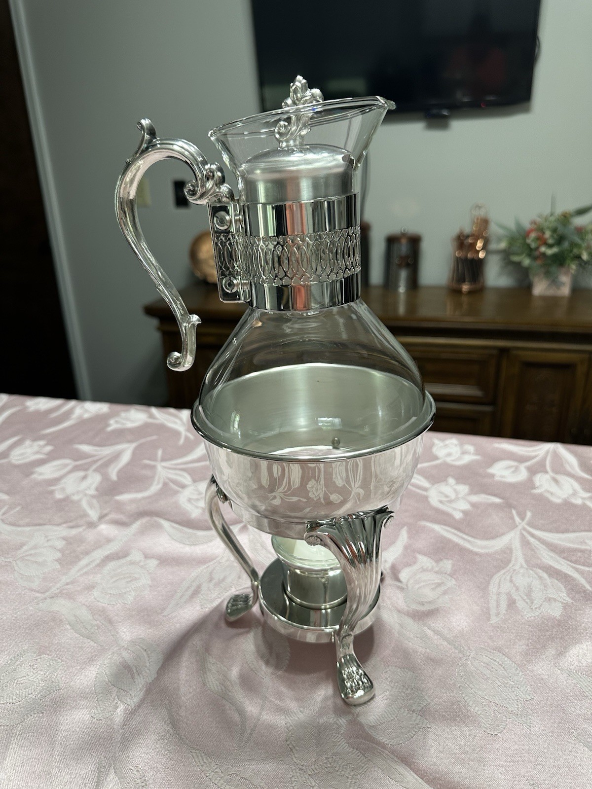 Vtg FB Rogers Silver Plate Coffee Carafe Pot w/ Candle Warmer Base Glass 48oz
