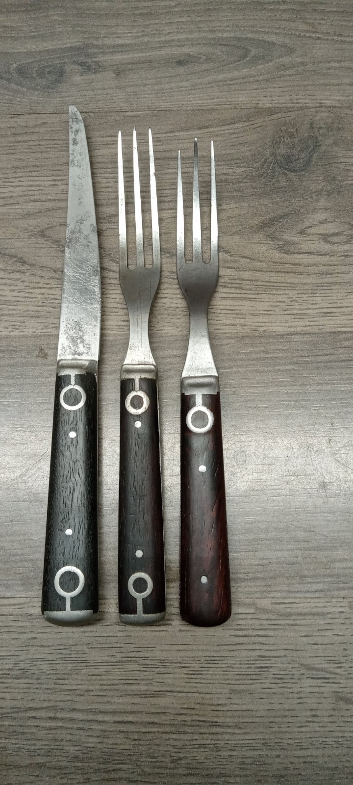 3 Civil War era antique wooden handle Two 3 Prong Forks & 1 Knife
