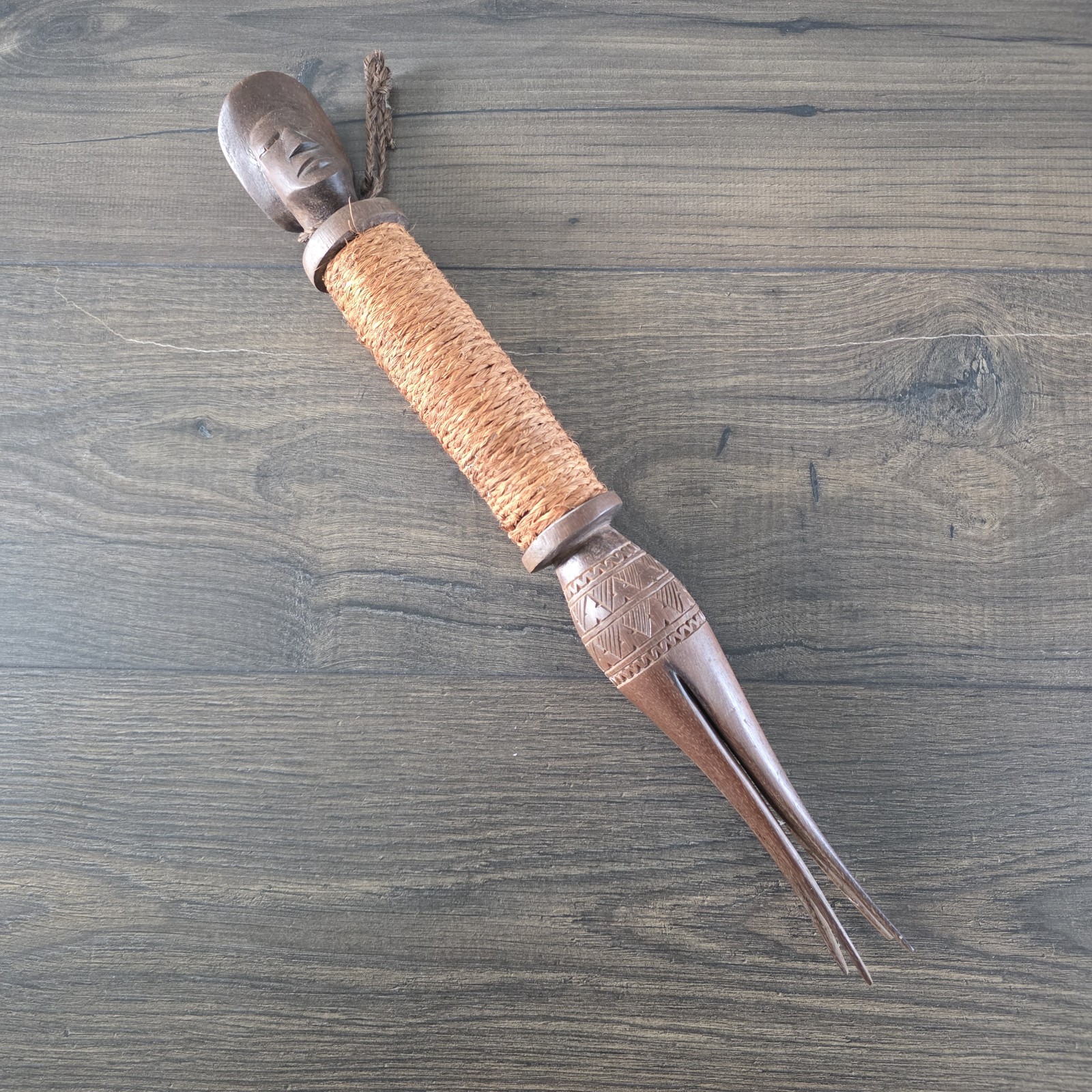 Vintage Fiji Pacific Islands Hand Carved Tribal Wooden Cannibal Fork Collectible