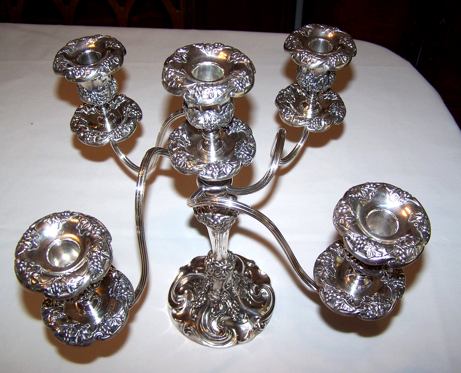 Superior Silver Co. Ornate Quadruple Silver Plate 5 Arm Candelabra With Wax Cups