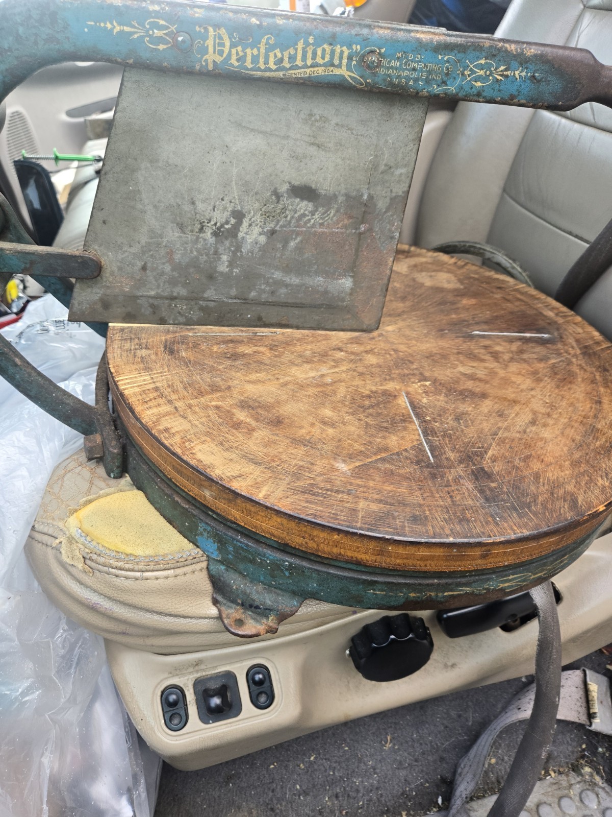 Perfection American Computing Co. Cast Iron & Wood Round Display/Cutting Stand