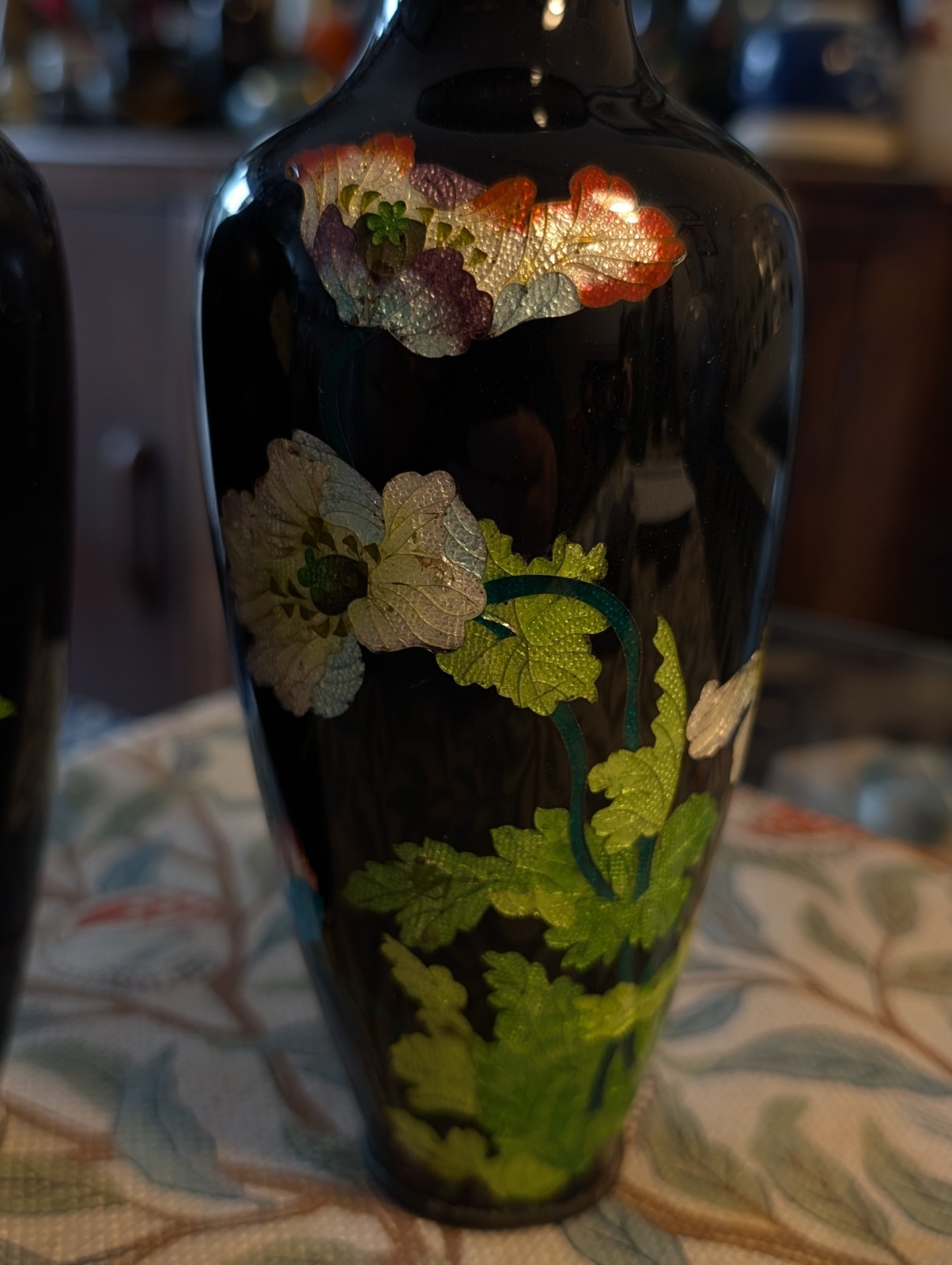 Pair Meiji Ginbari Cloisonné Floral Vases On High Gloss Black Restored