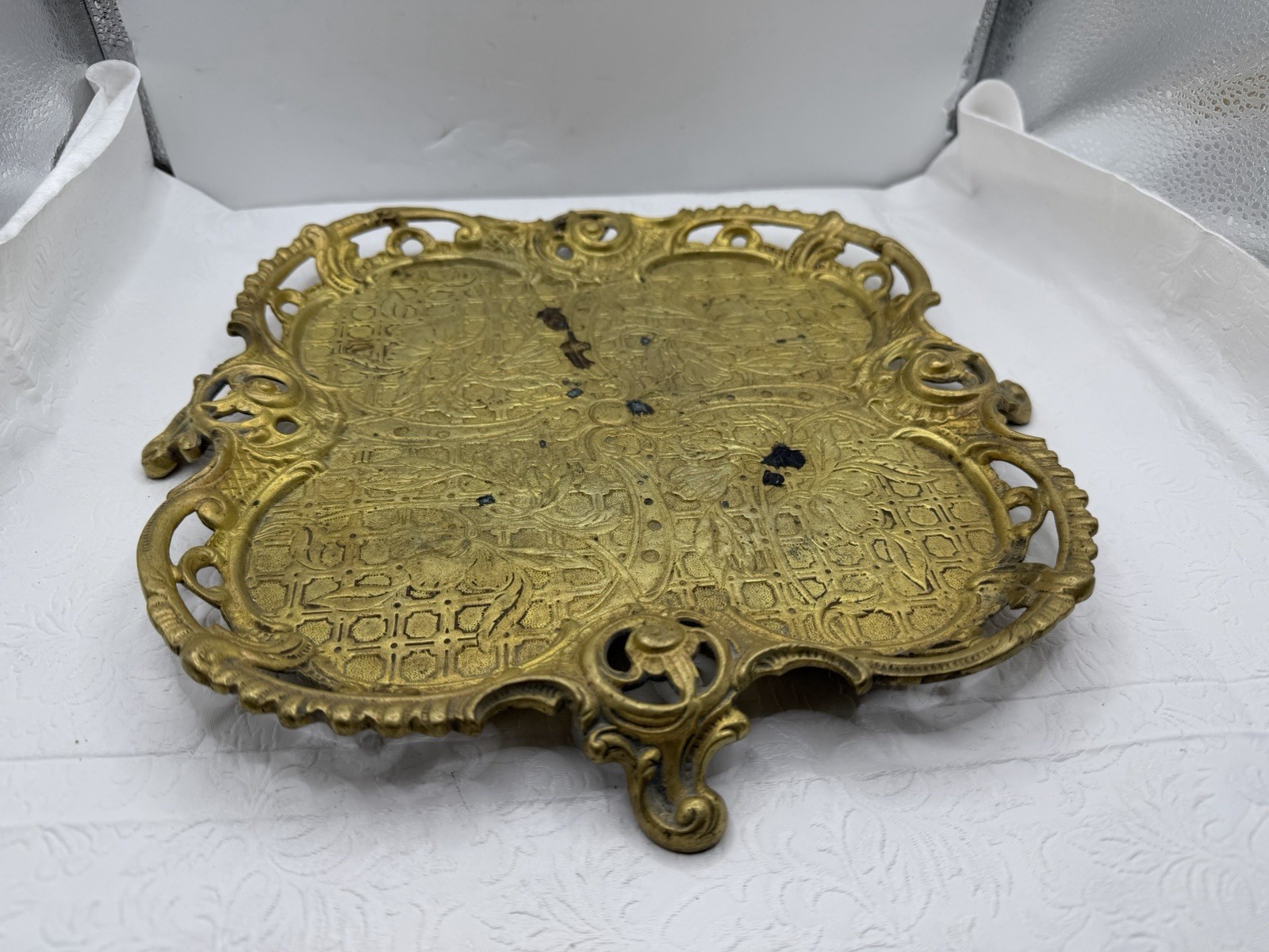 Antique 19th Century French Rococo Gold Gilt Floral Ornate Bronze Footed Tray
