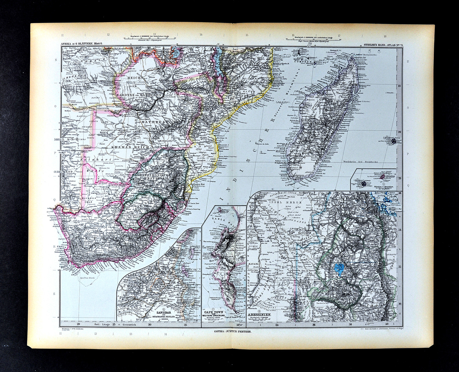 1892 Stieler Map British South Africa Cape Town Madagascar Zanzibar Mozambique