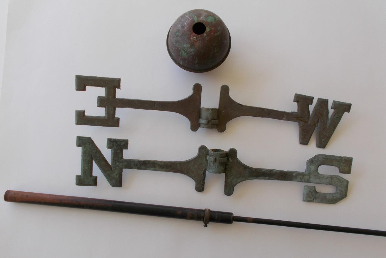 Antique Weathervane 18″ Cast Brass Directionals NSEW Copper Ball Mast Brass Ring