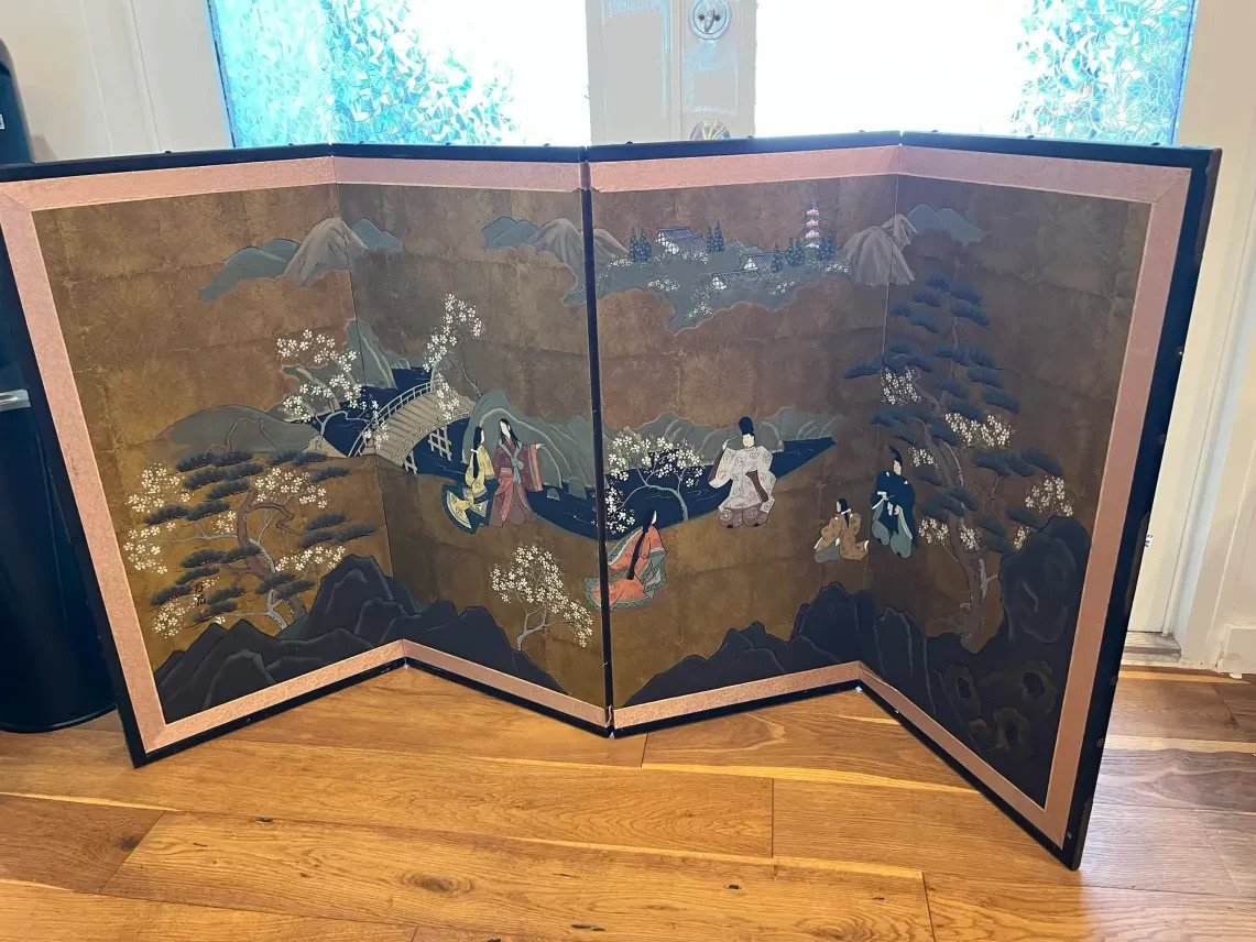 Antique Gold “Cherry Blossom” Japanese Byobu 4 Panel Screen 36″ x72″ SIGNED