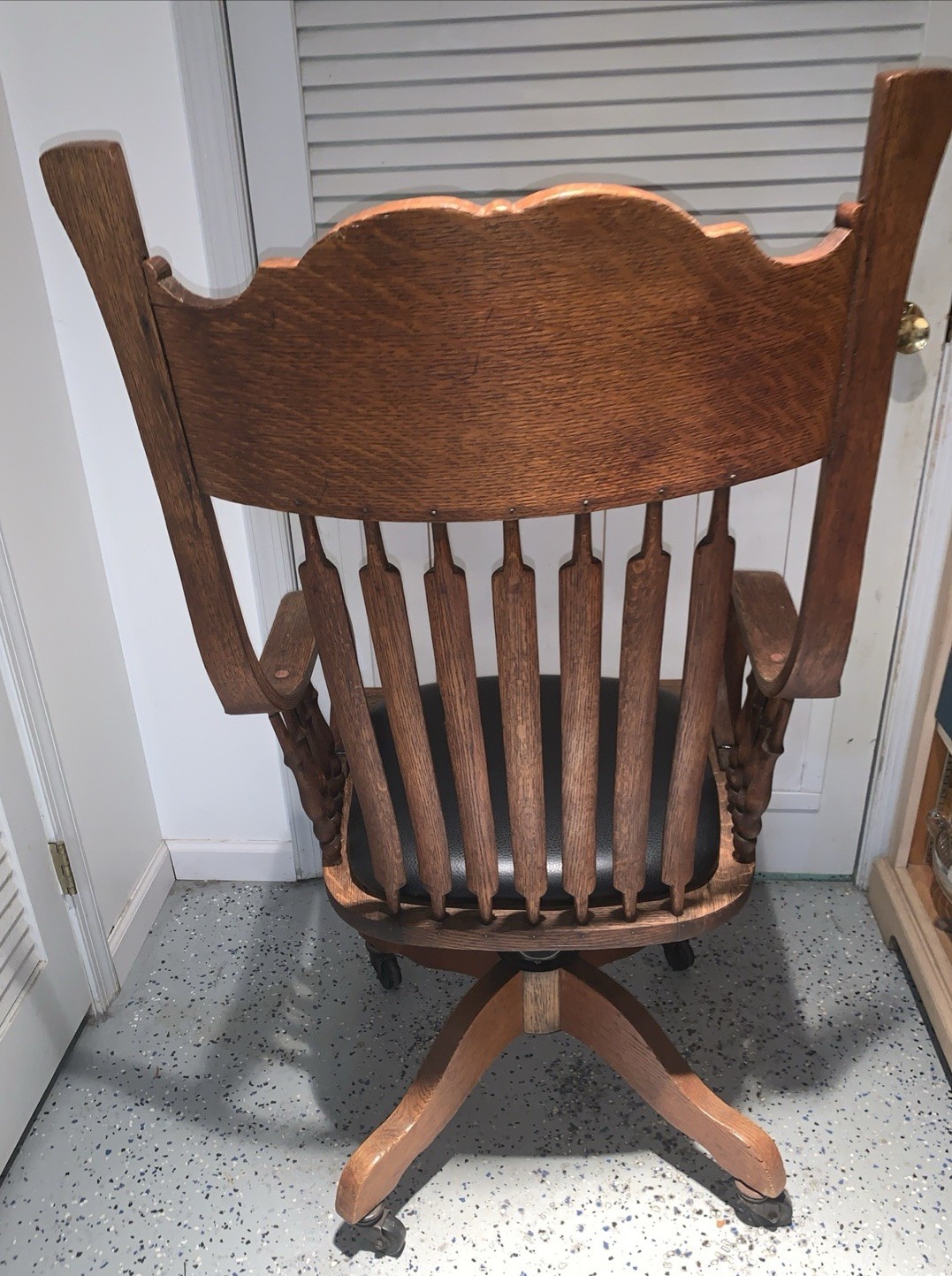 Vintage Tall Pressed Back Golden Oak Office Desk Chair Swivels