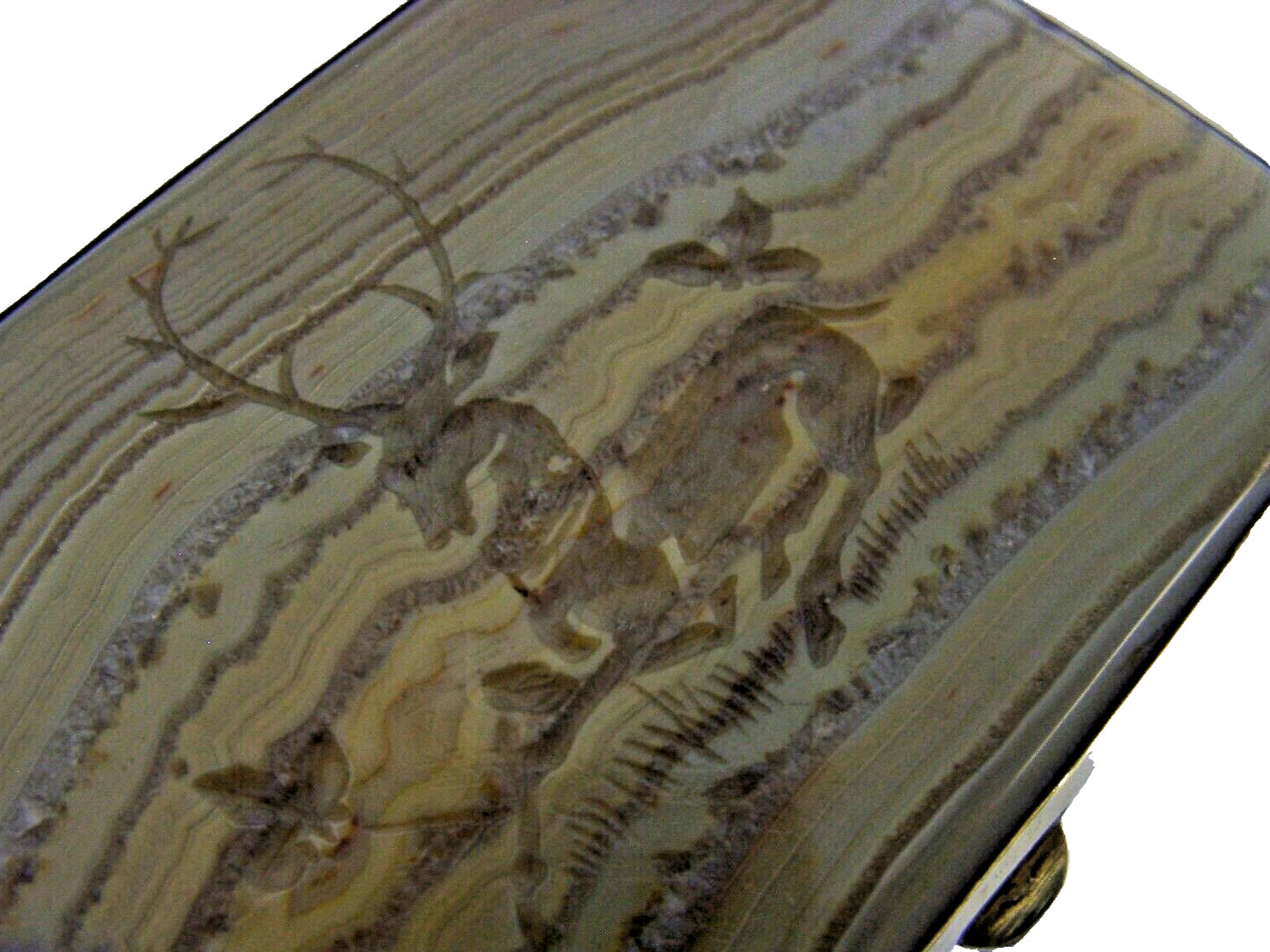 BEAUTIFUL STERLING SILVER INTEGLIO STAG DEER AGATE SNUFF TRINKET BOX 75g 3inch