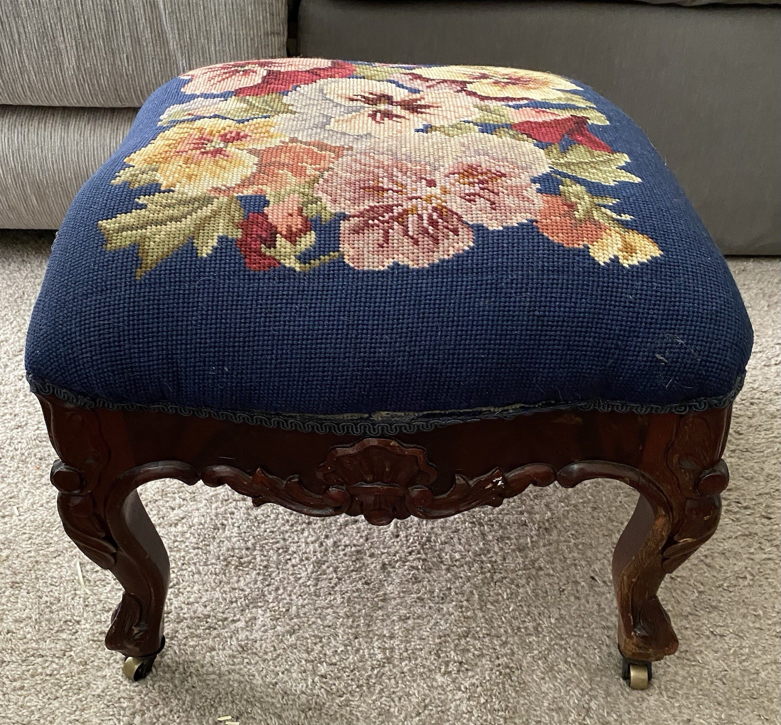 Antique Victorian Walnut Carved Rococo Footstool W/ Vibrant Floral needlepoint