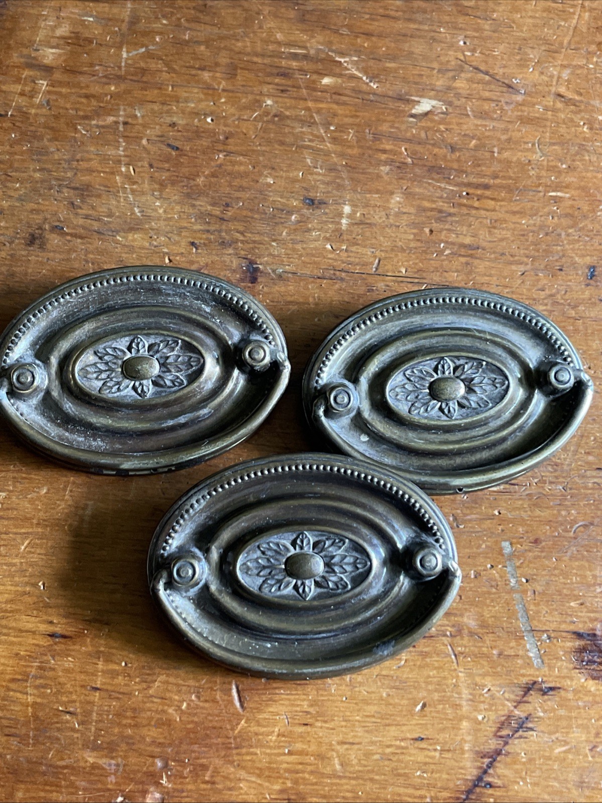 Vintage Bail Drawer Pull Antique Brass Oval Backplate Cabinet Handle 3.25”wide