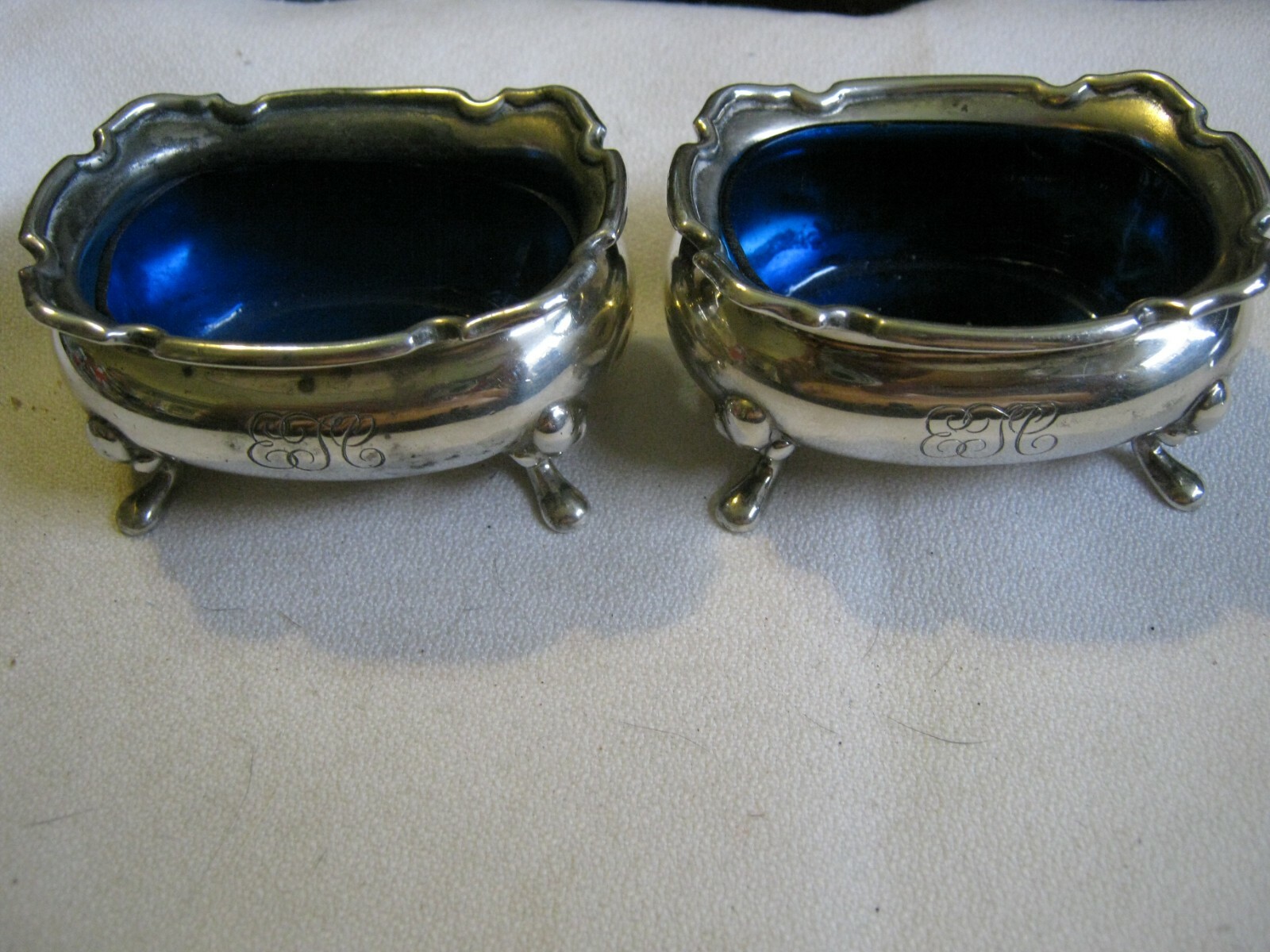 PAIR of 1948 Birmingham Adie Bros Ltd Sterling Footed Salts w/ Blue Liners “ETC”