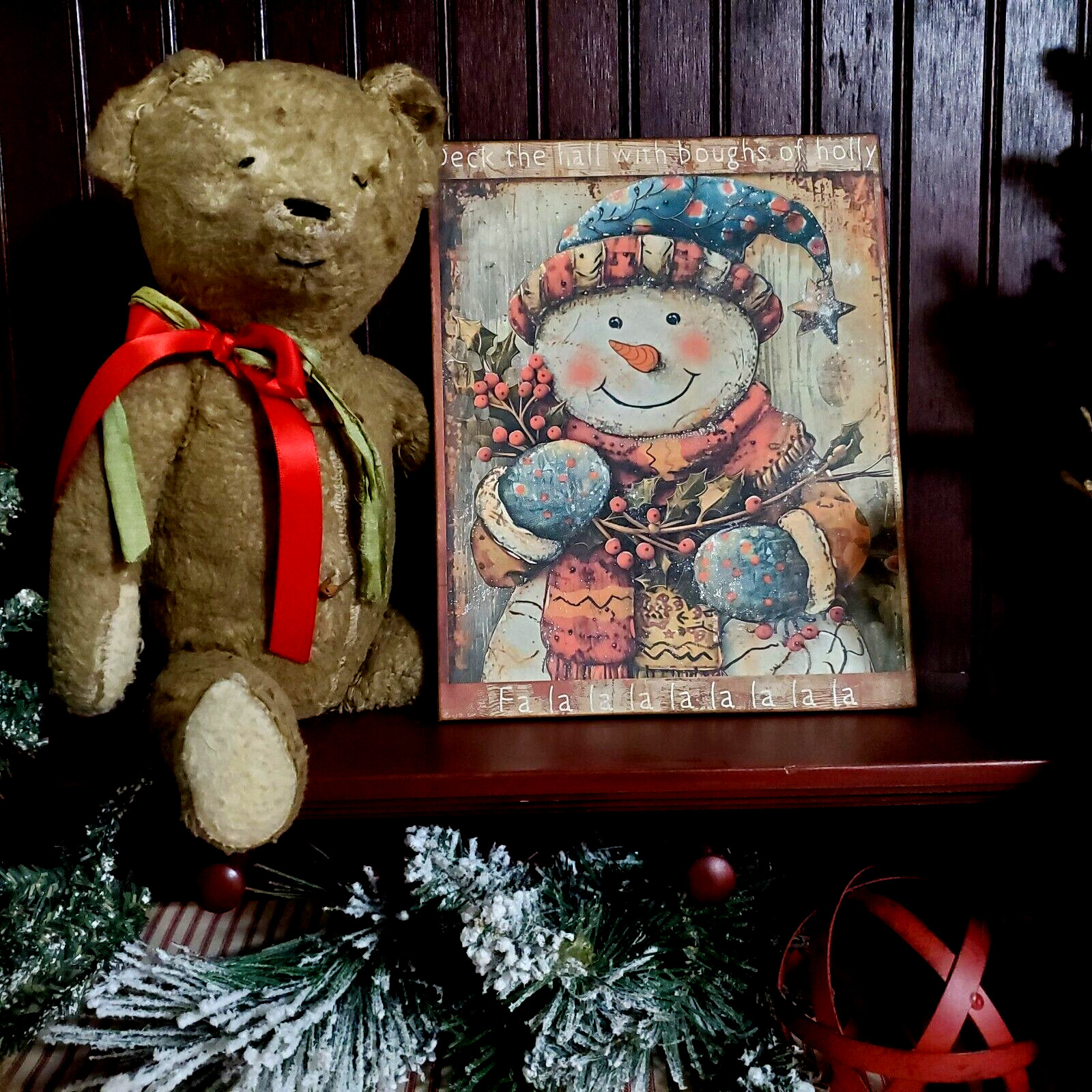 FOLK ART COLONIAL PRIMITIVE VINTAGE STYLE CHRISTMAS DECK THE HALLS SNOWMAN SIGN