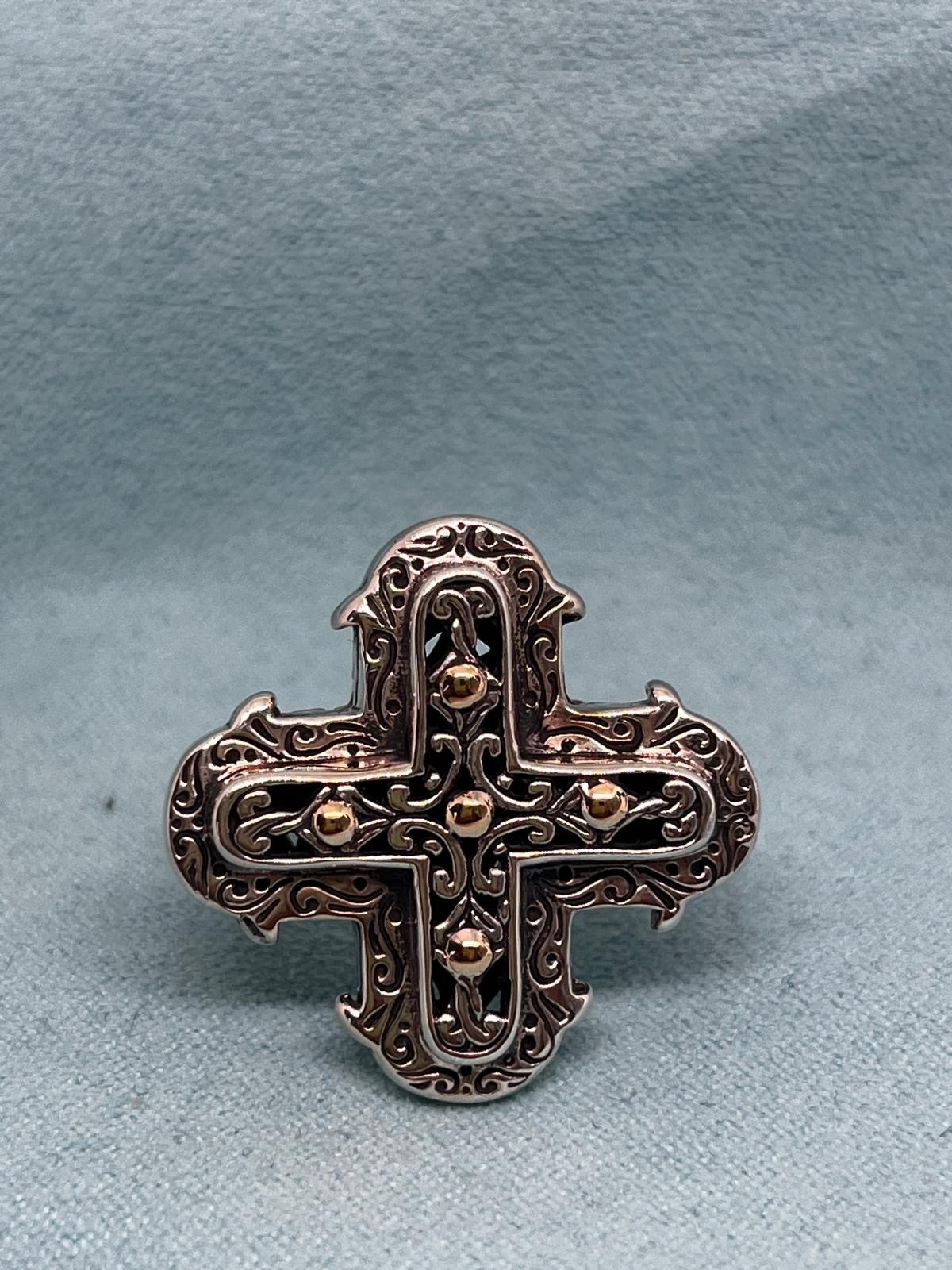 925 Silver Cross Ring with 18K Gold Accents, Oxidized Religious Ring, Size 9