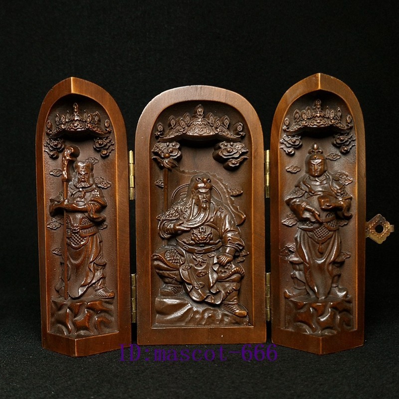 4 Inch Old Chinese Hand-carved Boxwood Taoism 3 Three Pure Ones Deity Statue