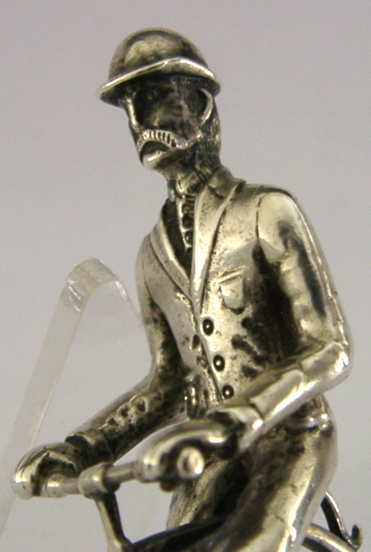 56g NOVEL ENGLISH STERLING SILVER MINIATURE PENNY FARTHING c1980 CYCLING FIGURE