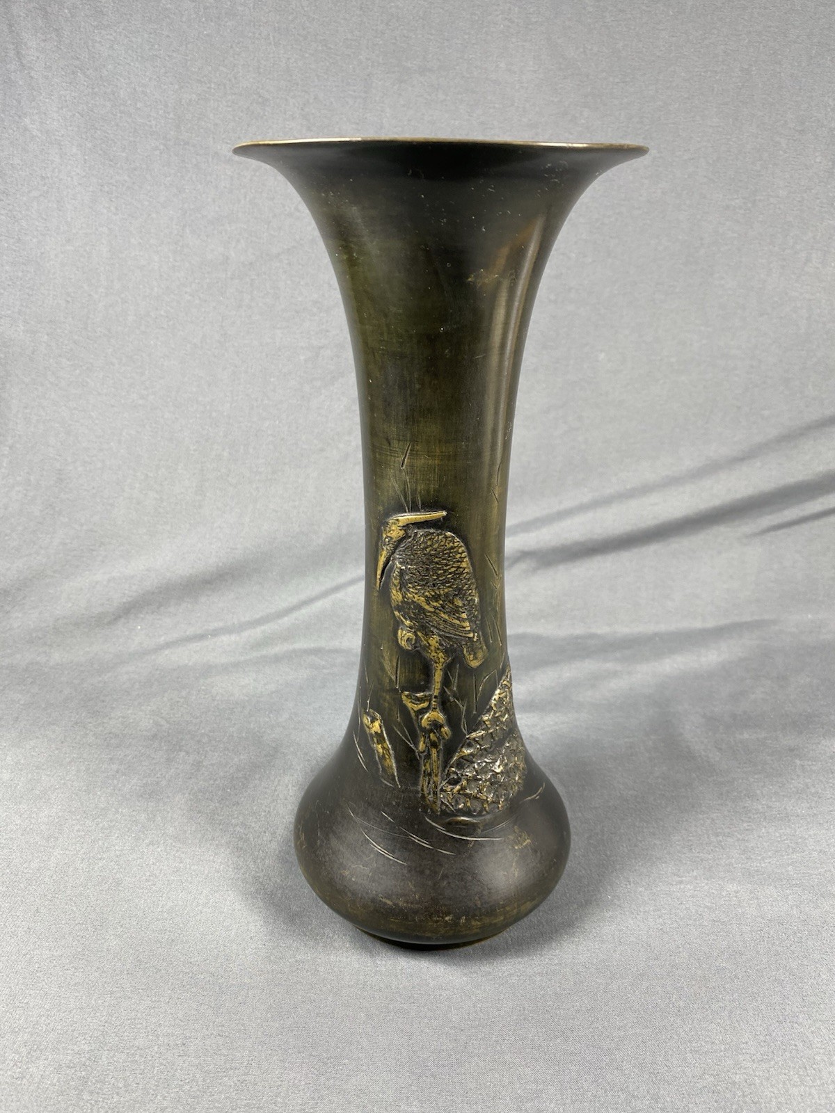 Antique/Vintage Japanese Bronze Vase With Crane Bird, Meiji Era? 9 3/4”